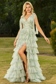 Floral Green Ruffled Tulle Tiered A Line Maxi Prom Dress with Slit