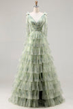 Floral Green Tulle Tiered A Line Long Prom Dress with Slit
