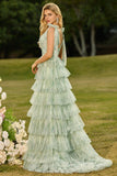 Champagne Floral Tiered A Line Long Tulle Prom Dress with Slit