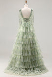 Floral Green Tulle Tiered A Line Long Prom Dress with Slit