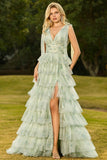 Floral Green Ruffled Tulle Tiered A Line Maxi Prom Dress with Slit