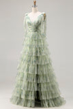 Champagne Floral Tiered A Line Long Tulle Prom Dress with Slit