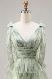 Floral Green Tulle Tiered A Line Long Prom Dress with Slit