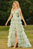 Floral Green Ruffled Tulle Tiered A Line Maxi Prom Dress with Slit