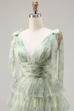 Champagne Floral Tiered A Line Long Tulle Prom Dress with Slit