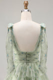 Champagne Floral Tiered A Line Long Tulle Prom Dress with Slit