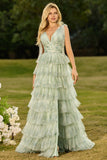 Floral Green Ruffled Tulle Tiered A Line Maxi Prom Dress with Slit