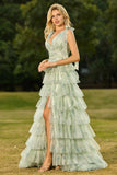 Floral Green Ruffled Tulle Tiered A Line Maxi Prom Dress with Slit