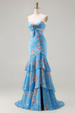 Blue Pink Floral Mermaid Sweetheart Long Prom Dress with Ruffles