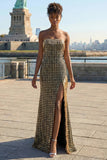 Sparkly Black and Golden Strapless Maxi Prom Dress with Slit