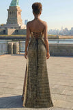 Sparkly Black and Golden Strapless Maxi Prom Dress with Slit