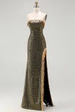 Black and Golden Strapless Mermaid Beaded Long Prom Dress with Slit