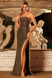 Black and Golden Strapless Maxi Prom Dress with Slit