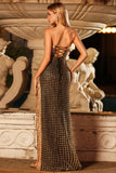 Black and Golden Strapless Maxi Prom Dress with Slit