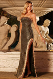 Black and Golden Strapless Maxi Prom Dress with Slit