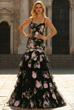 Floral Black and Pink Long Mermaid Spaghetti Straps Ruffled Prom Dress