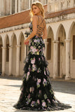 Floral Black and Pink Long Mermaid Spaghetti Straps Ruffled Prom Dress