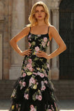 Floral Black and Pink Long Mermaid Spaghetti Straps Ruffled Prom Dress