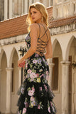 Floral Black and Pink Long Mermaid Spaghetti Straps Ruffled Prom Dress