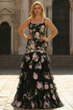 Floral Black and Pink Long Mermaid Spaghetti Straps Ruffled Prom Dress