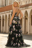 Floral Black and Pink Long Mermaid Spaghetti Straps Ruffled Prom Dress