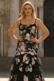Floral Black and Pink Long Mermaid Spaghetti Straps Ruffled Prom Dress