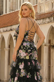 Floral Black and Pink Long Mermaid Spaghetti Straps Ruffled Prom Dress