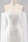 White Mermaid Sparkly Beaded Off the Shoulder Long Corset Prom Dress