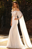 White Mermaid Sparkly Beaded Off the Shoulder Maxi Corset Prom Dress