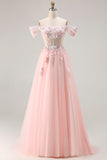 Sparkly Floral Tulle Pink A Line Long Corset Prom Dress with Beading