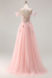 Sparkly Floral Tulle Pink A Line Long Corset Prom Dress with Beading
