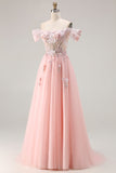 Sparkly Floral Tulle Pink A Line Long Corset Prom Dress with Beading
