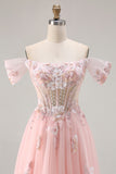 Sparkly Floral Tulle Pink A Line Long Corset Prom Dress with Beading