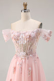 Sparkly Floral Tulle Pink A Line Long Corset Prom Dress with Beading