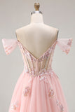 Sparkly Floral Tulle Pink A Line Long Corset Prom Dress with Beading