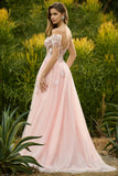 Floral Tulle Pink A Line Sparkly Long Corset Prom Dress with Beading