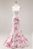 Floral Mermaid White and Fuchsia Sweetheart Long Corset Prom Dress with Lace