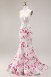 Floral Mermaid White and Fuchsia Sweetheart Long Corset Prom Dress with Lace