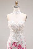 Floral Mermaid White and Fuchsia Sweetheart Long Corset Prom Dress with Lace