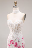 Floral Mermaid White and Fuchsia Sweetheart Long Corset Prom Dress with Lace