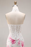 Floral Mermaid White and Fuchsia Sweetheart Long Corset Prom Dress with Lace