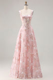 Sparkly Floral Pink A Line Maxi Corset Prom Dress with Sequin