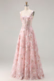 Sparkly Floral Pink A Line Maxi Corset Prom Dress with Sequin
