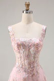 Sparkly Floral Pink A Line Maxi Corset Prom Dress with Sequin