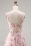 Sparkly Floral Pink A Line Maxi Corset Prom Dress with Sequin