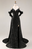 Sparkly Black Cold Shoulder Long Mermaid Prom Dress with Cape