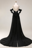Sparkly Black Cold Shoulder Long Mermaid Prom Dress with Cape