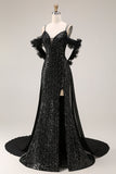 Sparkly Black Cold Shoulder Long Mermaid Prom Dress with Cape