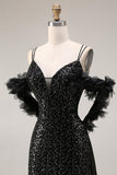 Sparkly Black Cold Shoulder Long Mermaid Prom Dress with Cape