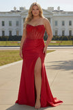 Red Mermaid Beaded Long Corset Satin Prom Dress with Slit